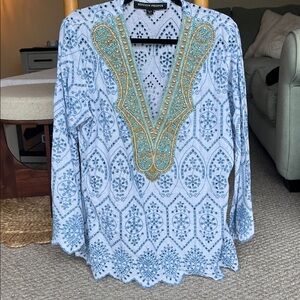 Boston Proper White Tunic with Blue Embroidery and Gold Beaded V-Neck